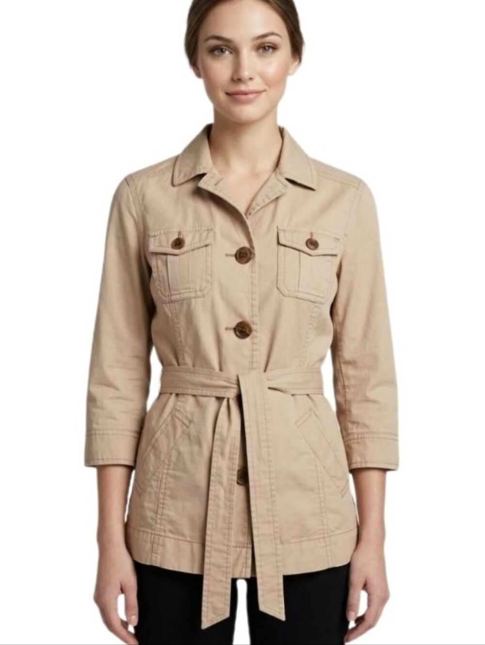 Tommy Hilfiger Jacket Safari Button Down Belt Tie Front Vintage Tan Size M